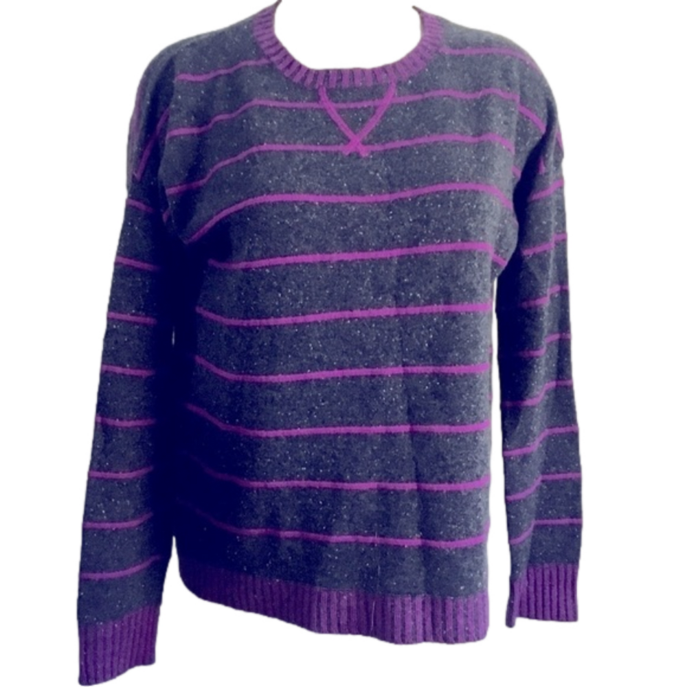 AUTUMN CASHMERE OFF BLACK /PURPLE STRIPED SWEATER SMALL